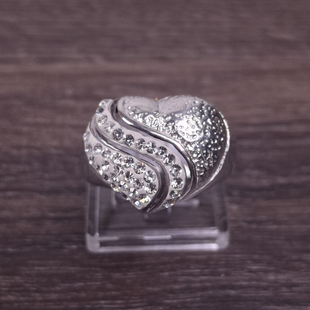 925 Sterling Silver Pave Cubic Zirconia Swirl Heart Cocktail Ring Size 7.5 5g